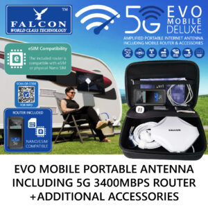 Falcon EVO MOBILE Deluxe – Portable 5G Amplified Antenna including 3400Mbps 5G Portable Router (eSIM Compatible) + Accessories