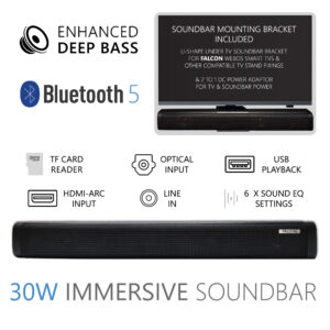 Falcon SB05 – 30W Immersive Soundbar (Including TV Mounting Bracket) – HDMI-ARC, Bluetooth 5, Enhanced Deep Bass, Optical Input, USB Input, Line In